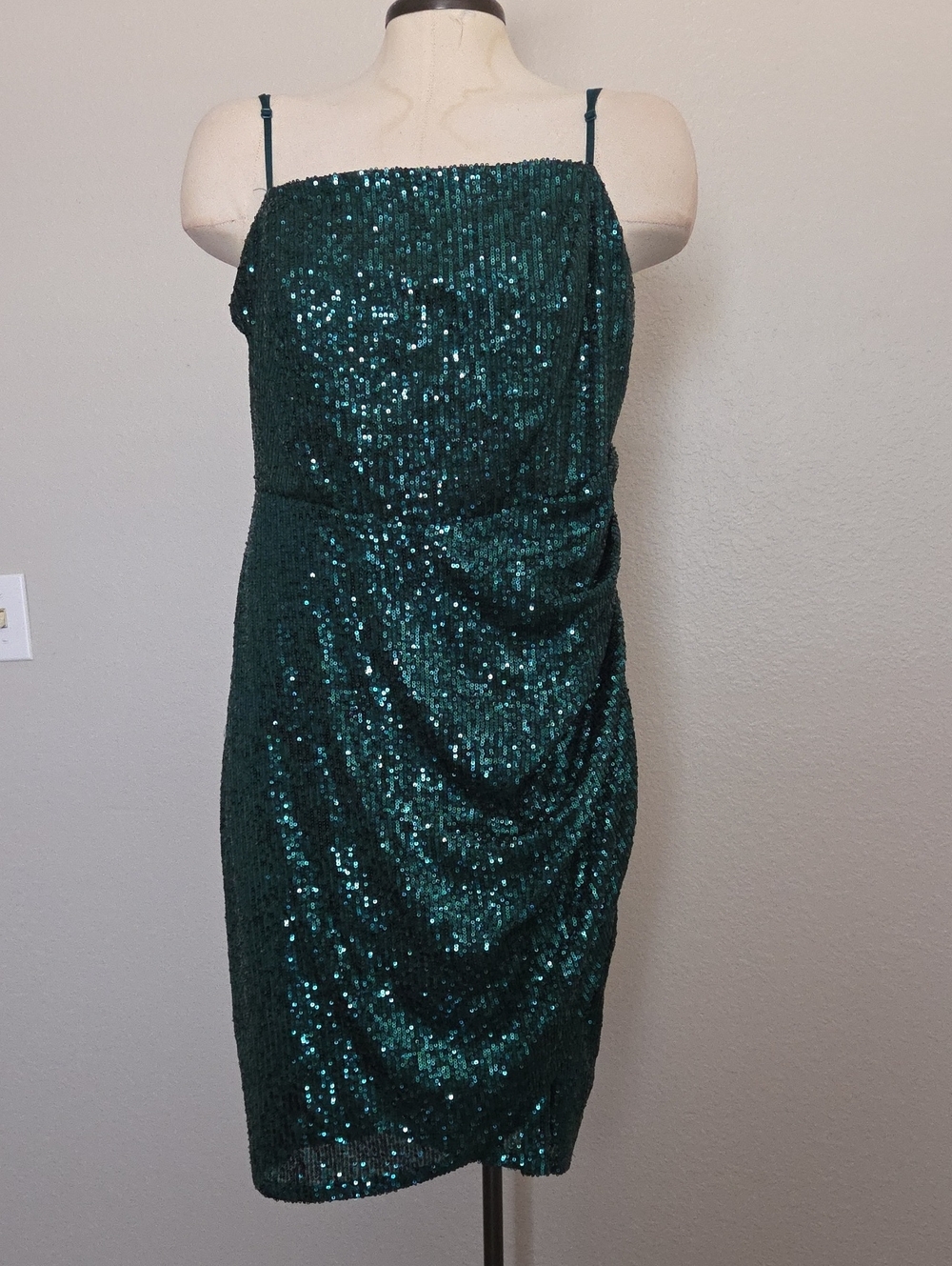 Sequin Spaghetti Strap Sheath Dress - Emerald Green